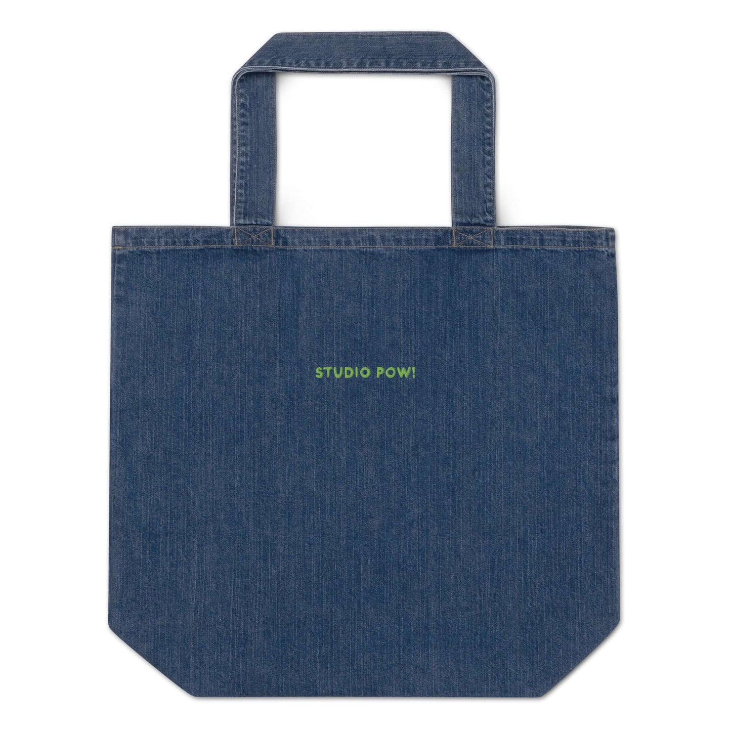 Extra großer Denim-Shopper in blau mit gesticktem Studio POW!-Logo in grün.