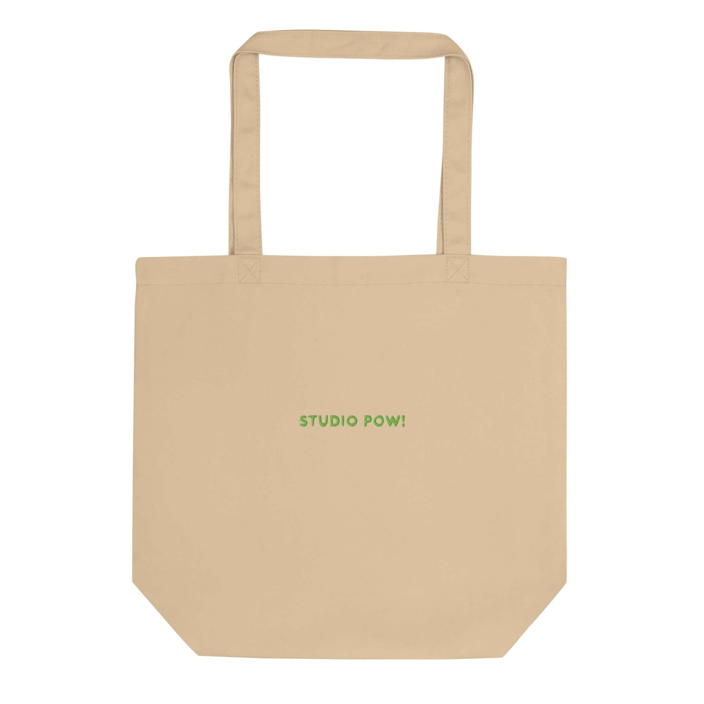 Kleiner Shopper in beige mit gesticktem Studio POW!-Logo in grün.