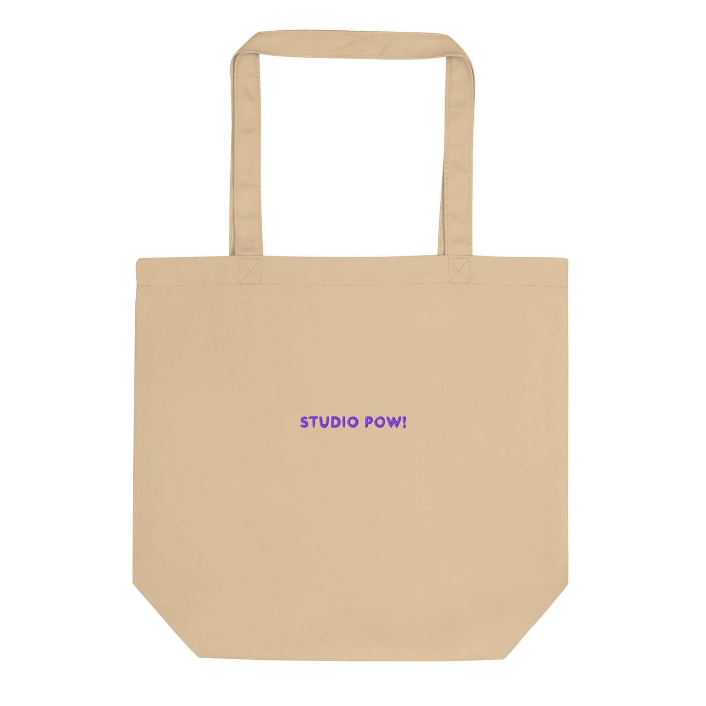 Kleiner Shopper in beige mit gesticktem Studio POW!-Logo in lila.