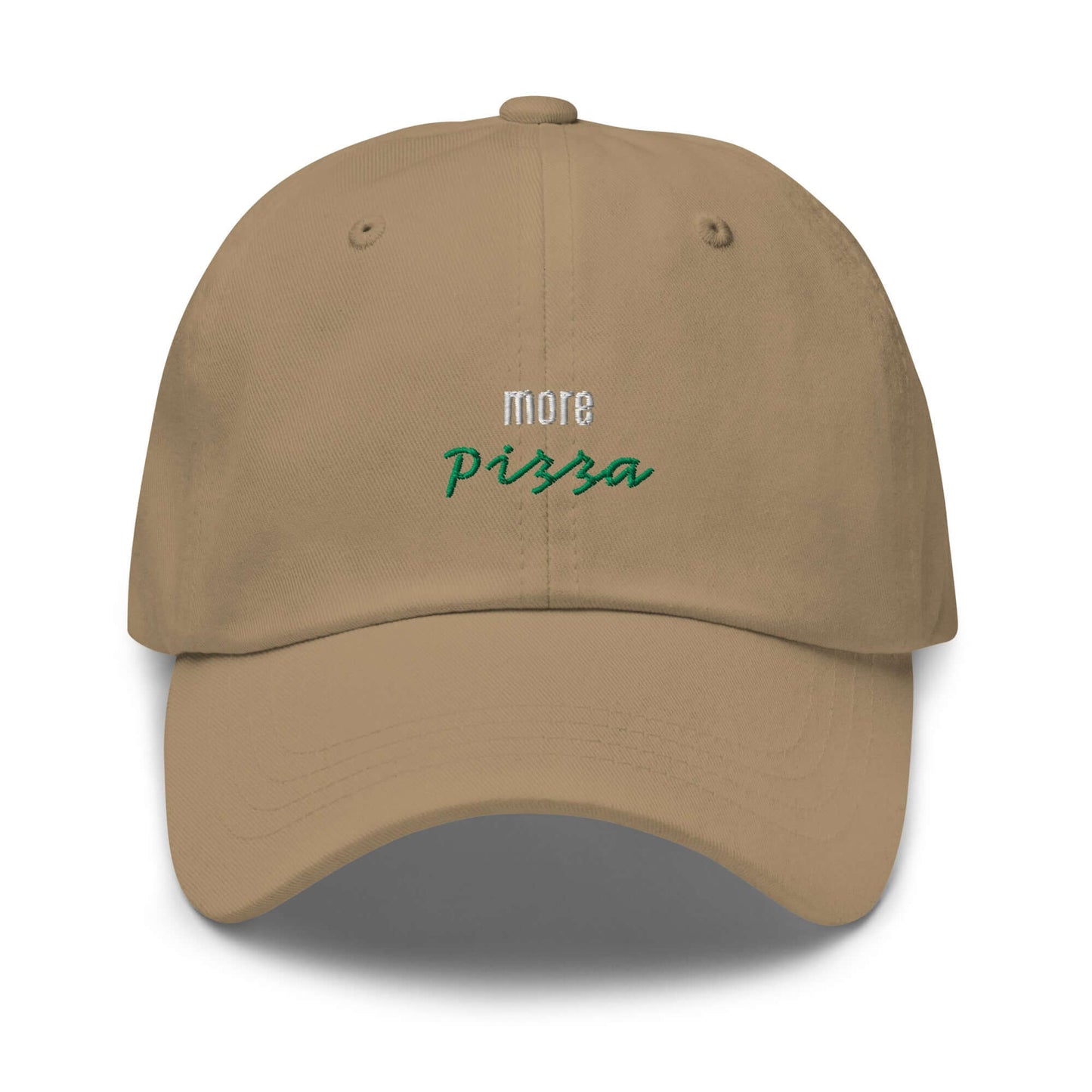 Khaki unisex Cap mit gesticktem Schriftzug More Pizza und Studio POW!-Logo.