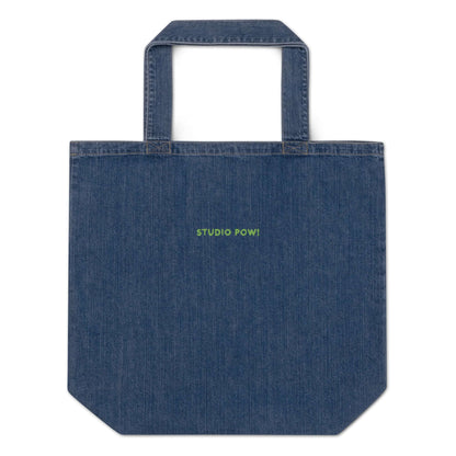 Extra großer Denim-Shopper in blau mit gesticktem Studio POW!-Logo in grün. 