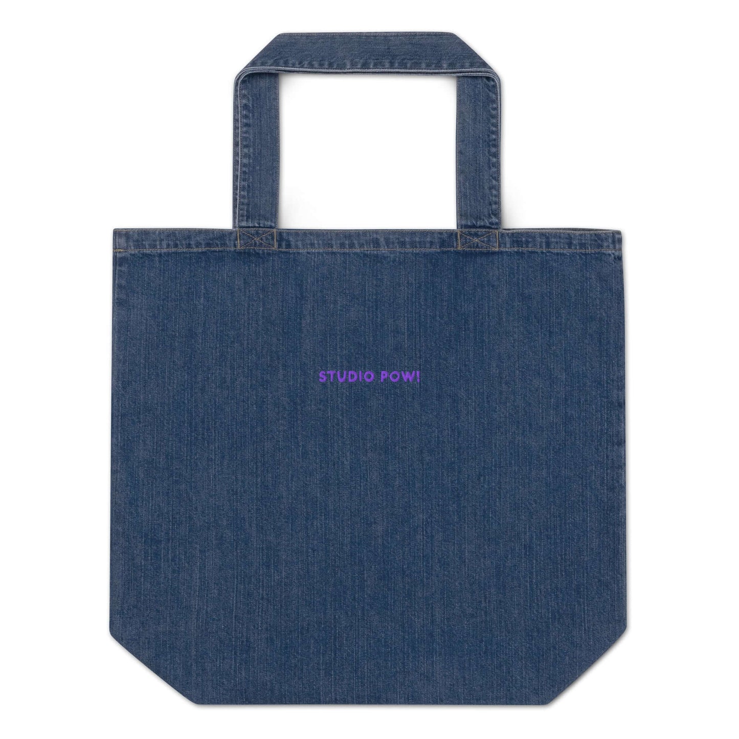 Extra großer Denim-Shopper in blau mit gesticktem Studio POW!-Logo in lila. 