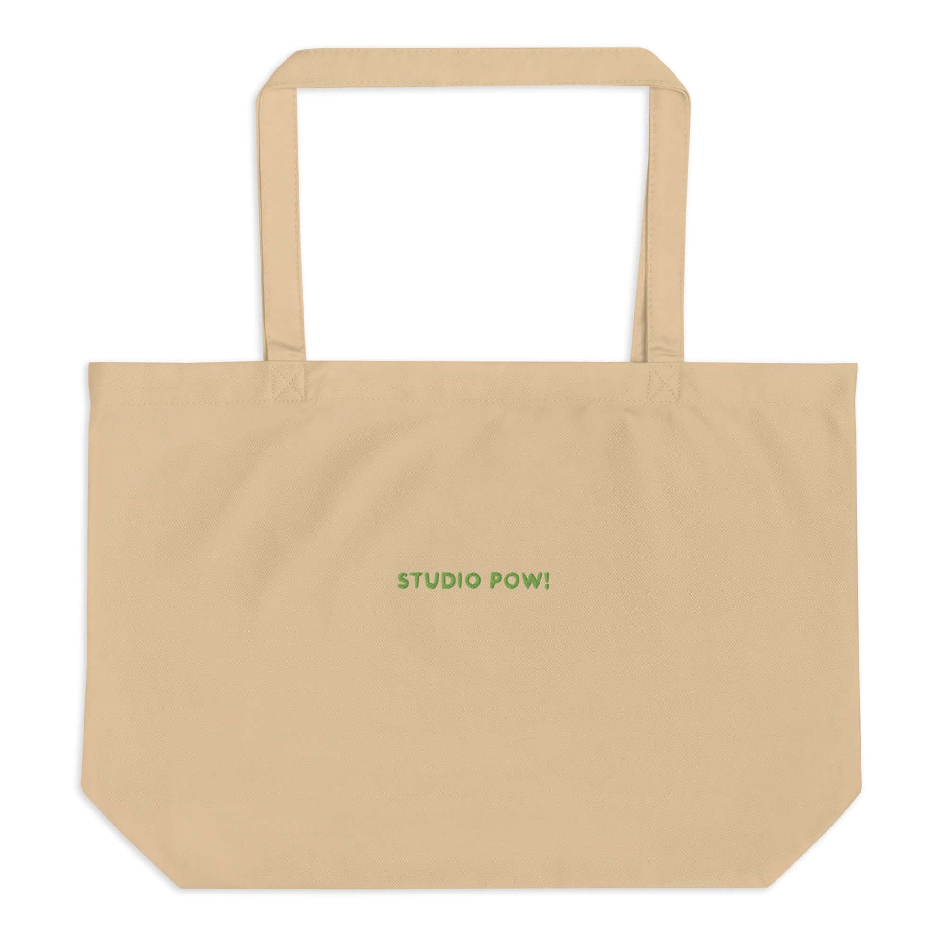 Großer Shopper in beige mit gesticktem Studio POW!-Logo in grün. 