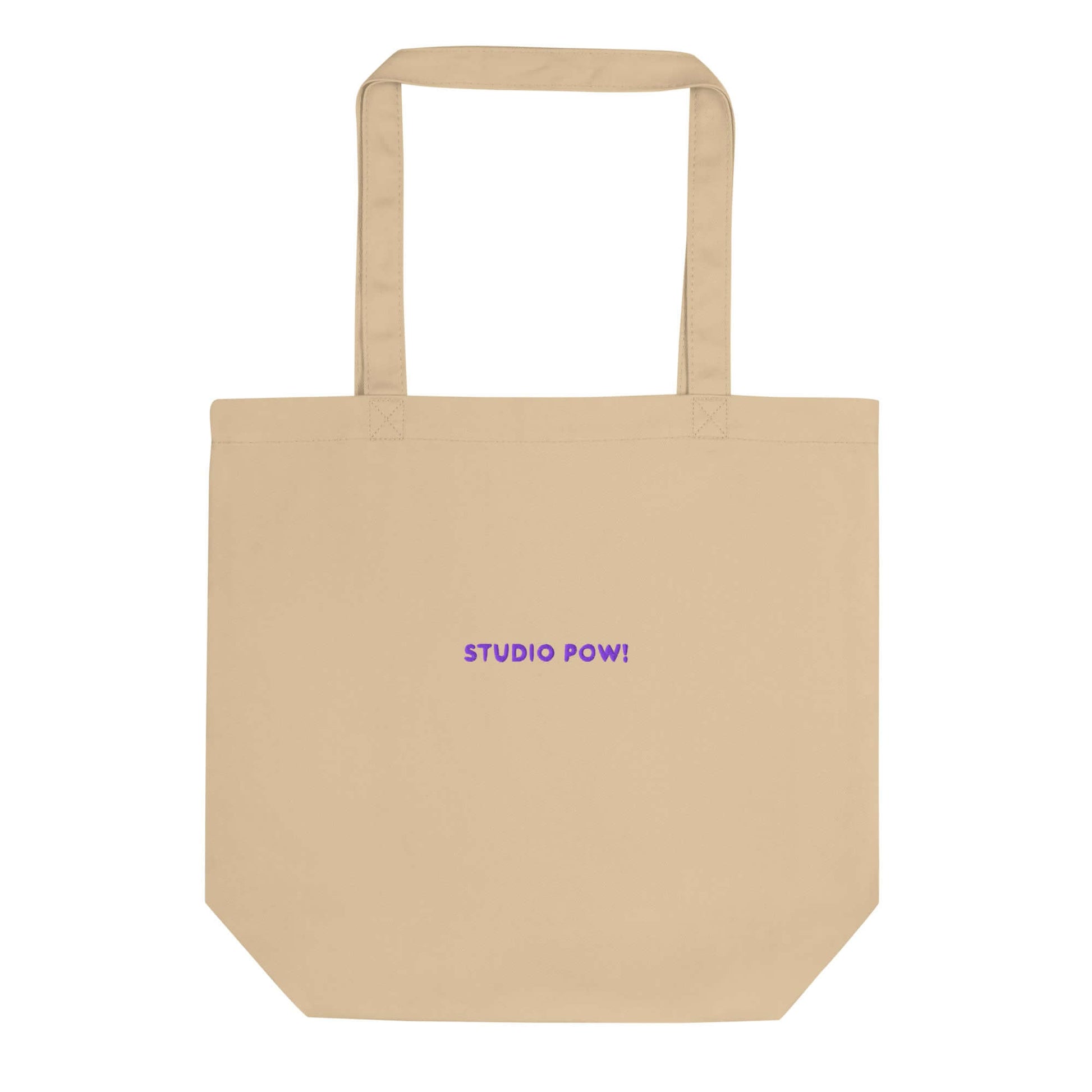 Kleiner Shopper in beige mit gesticktem Studio POW!-Logo in lila. 