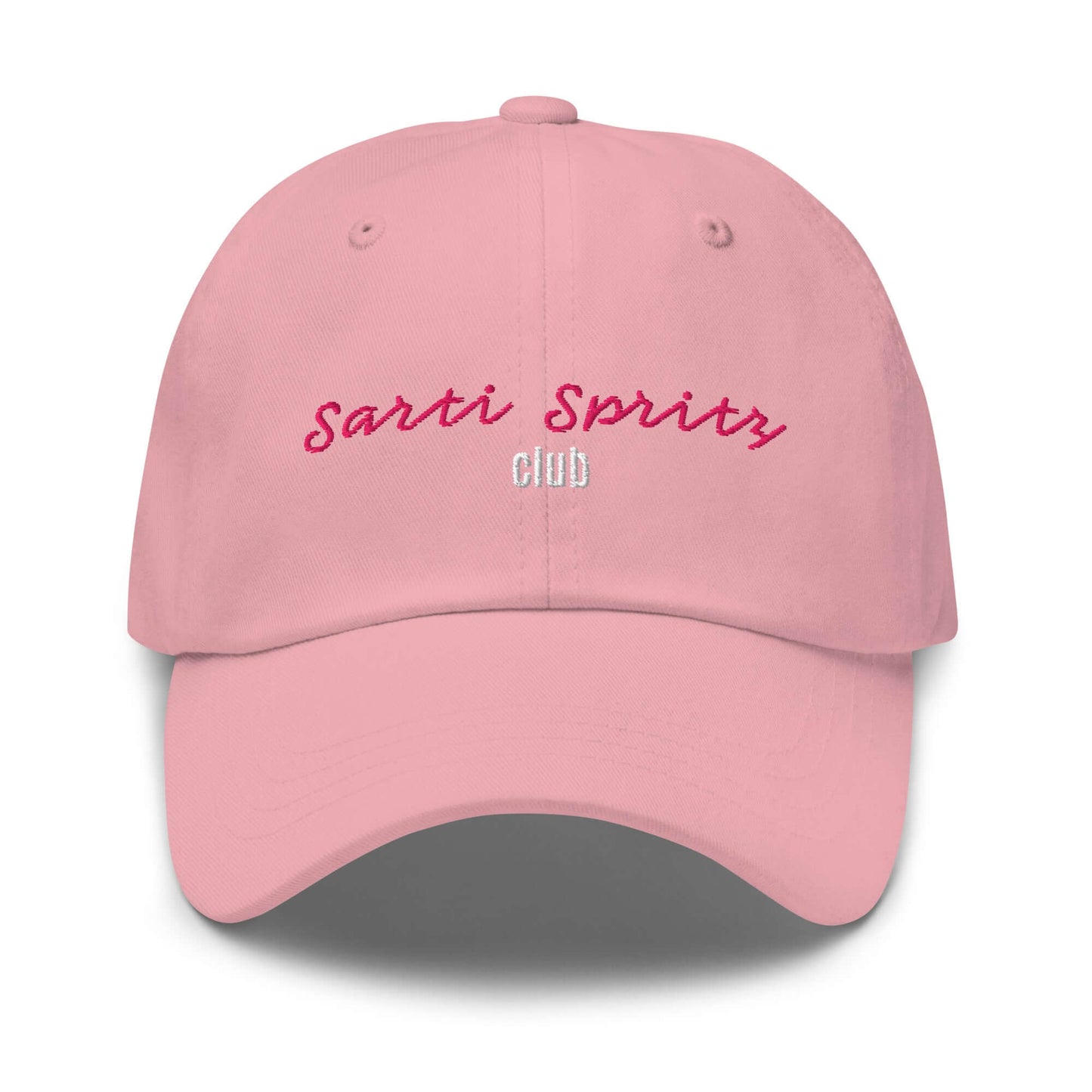 Rosafarbene unisex Cap mit gesticktem Schriftzug Sarti Spritz Club und Studio POW!-Logo.