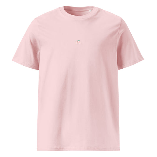 Rosa unisex Bio-T-Shirt mit Rundhalsausschnitt mit gedruckter Kirsche auf der Brust und Studio POW!-Logo.