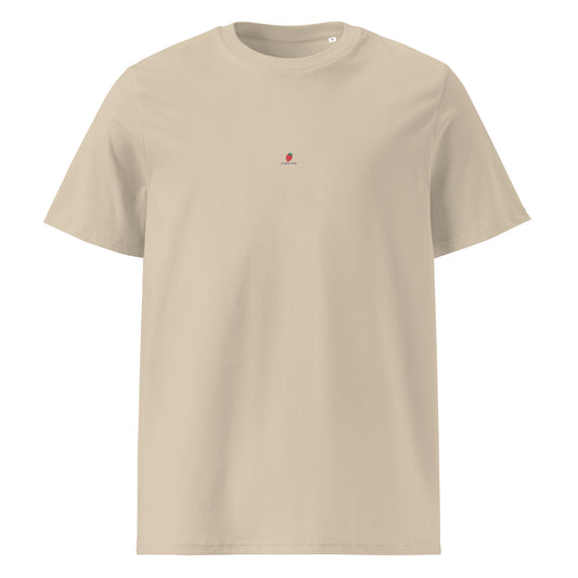 Beiges unisex Bio-T-Shirt mit Rundhalsausschnitt mit gedruckter Erdbeere auf der Brust und Studio POW!-Logo.